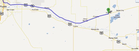 Map from Pueblo to Ordway, Colorado